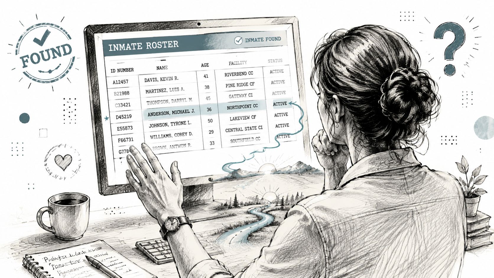 A woman sits at her desk searching an inmate roster on her computer screen to find someone.