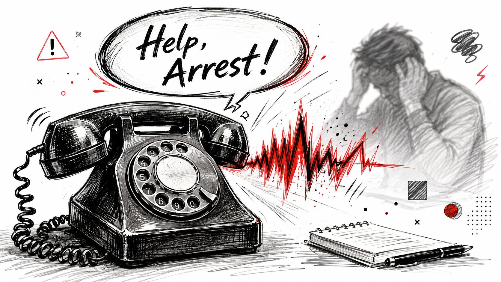 Sketch of an old telephone with a speech bubble saying Help, Arrest, and a stressed person nearby.