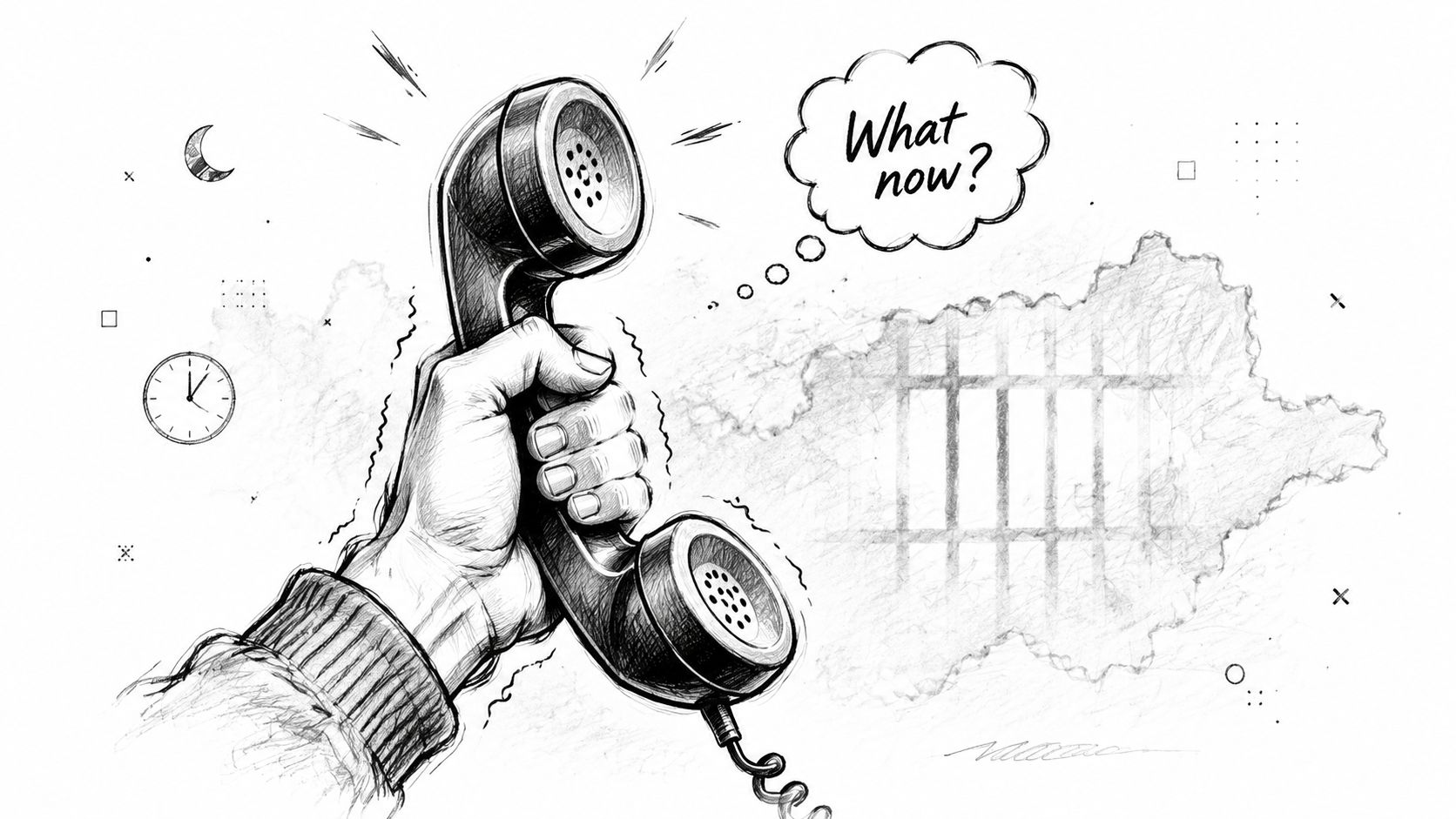 A hand holding a telephone handset with prison bars and a thought bubble asking what now.