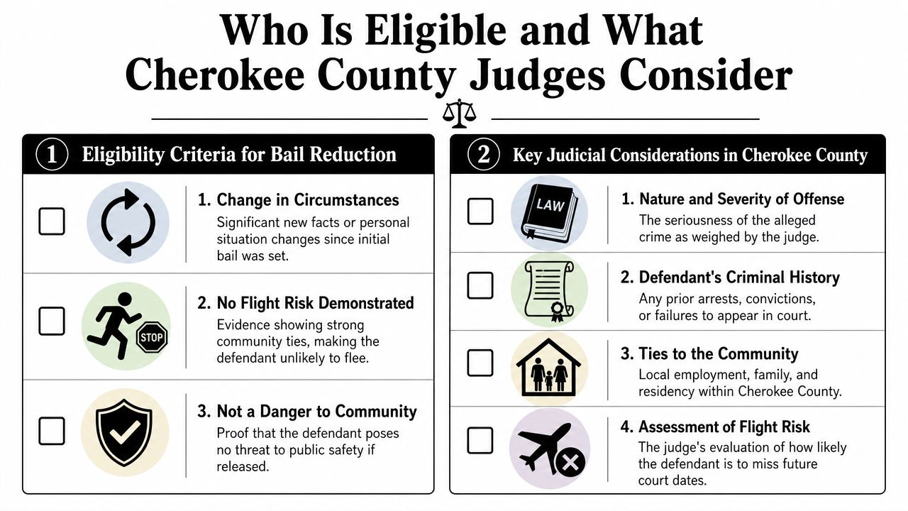 An infographic detailing bail reduction eligibility criteria and judicial considerations in Cherokee County, Georgia.