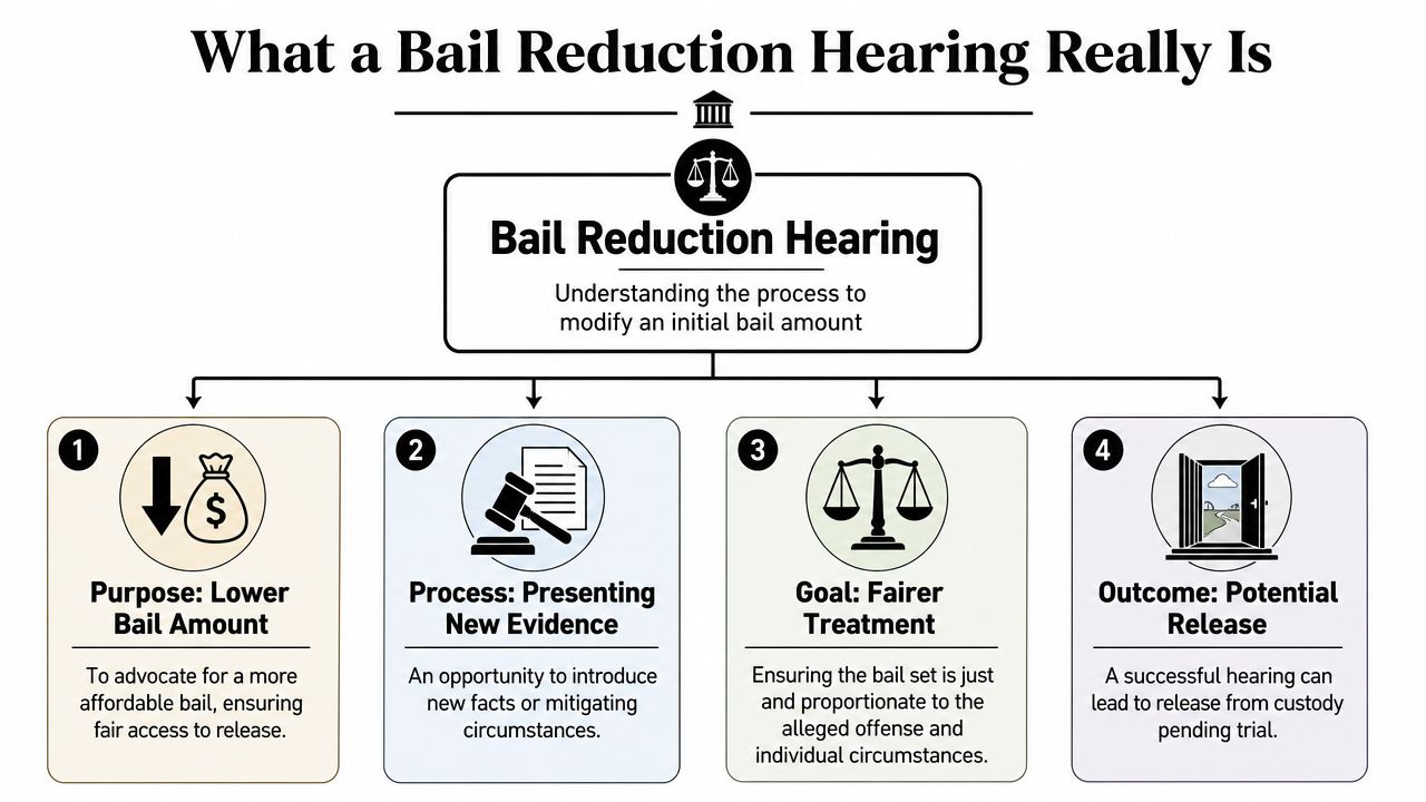 An infographic titled What a Bail Reduction Hearing Really Is, outlining its purpose, process, goal, and potential outcome.