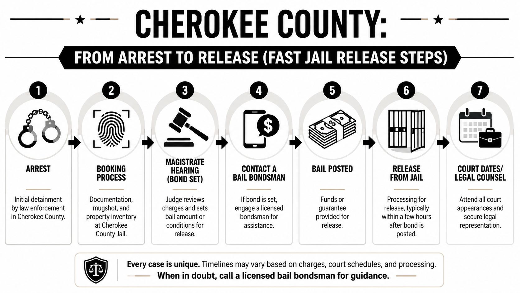 A seven-step flowchart explaining the bail and jail release process in Cherokee County for legal cases.