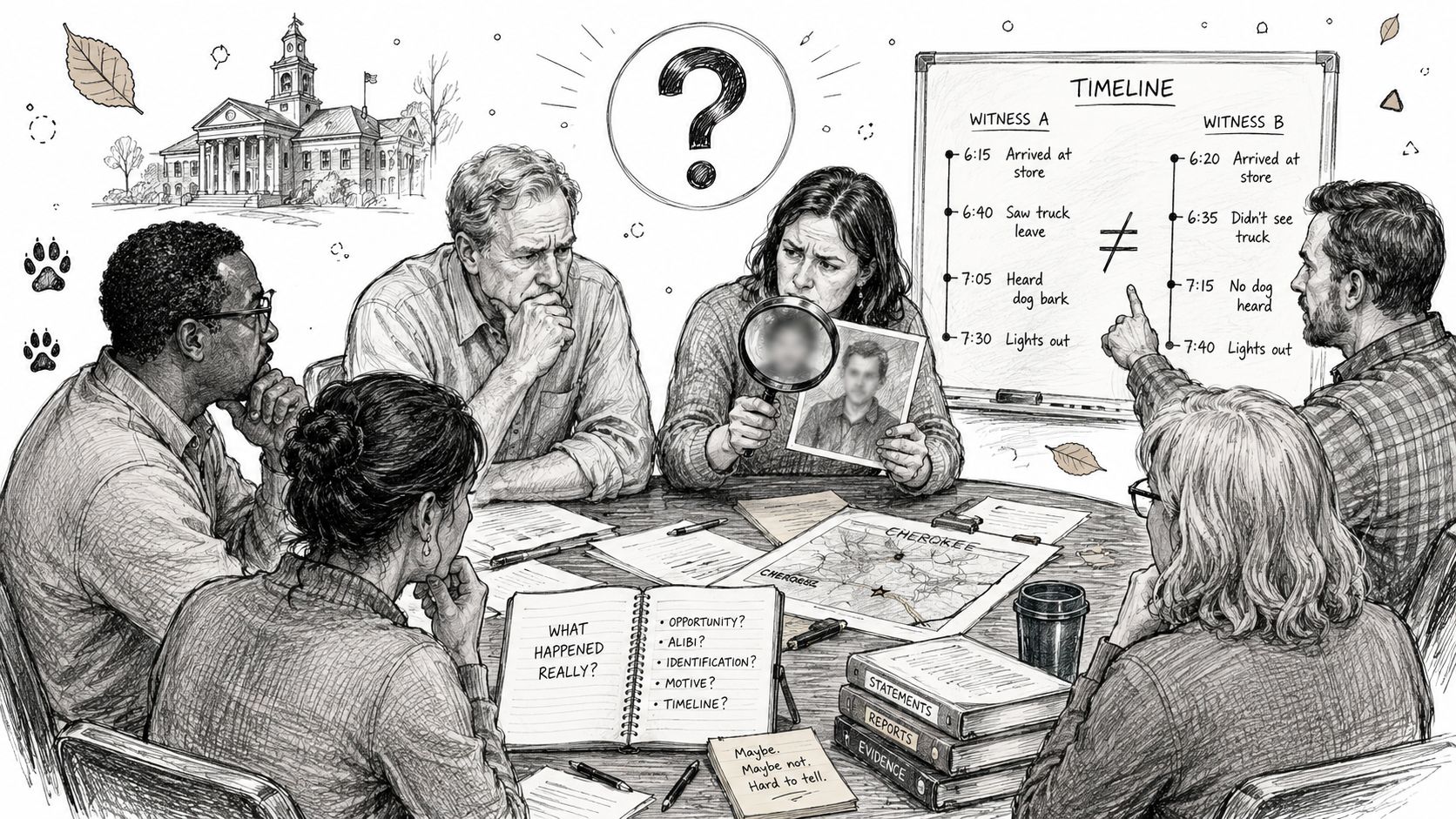 A team of investigators analyzes conflicting witness testimonies on a whiteboard to solve a mystery case.
