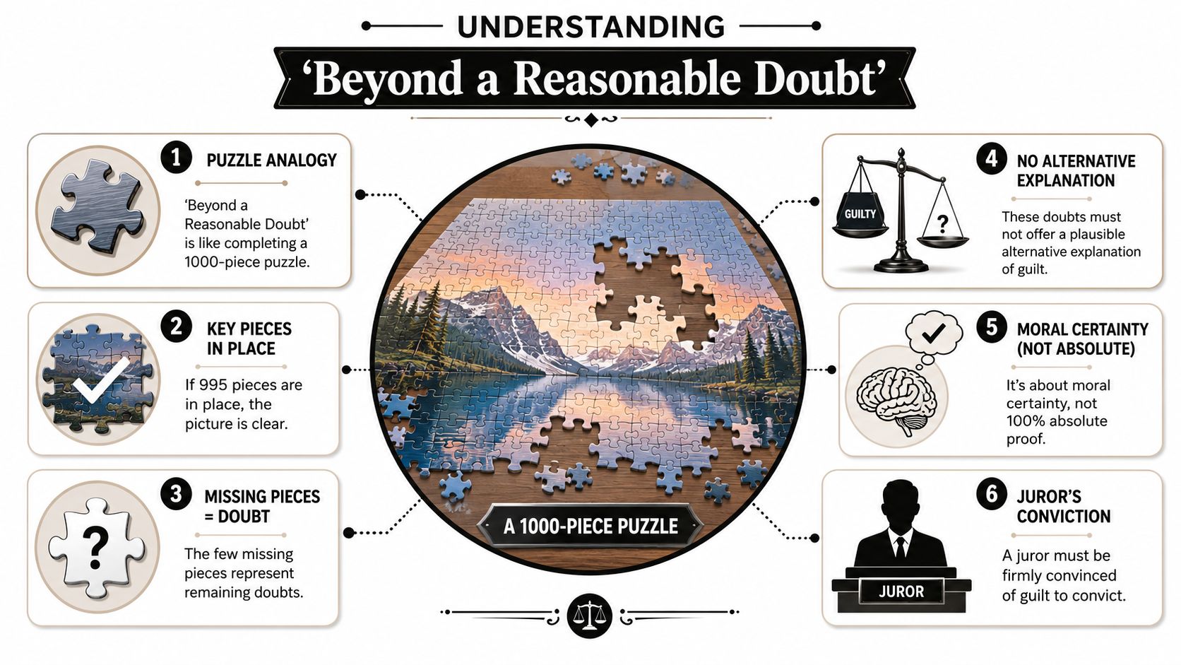 An infographic explaining the legal concept of beyond a reasonable doubt using a 1000-piece puzzle analogy.