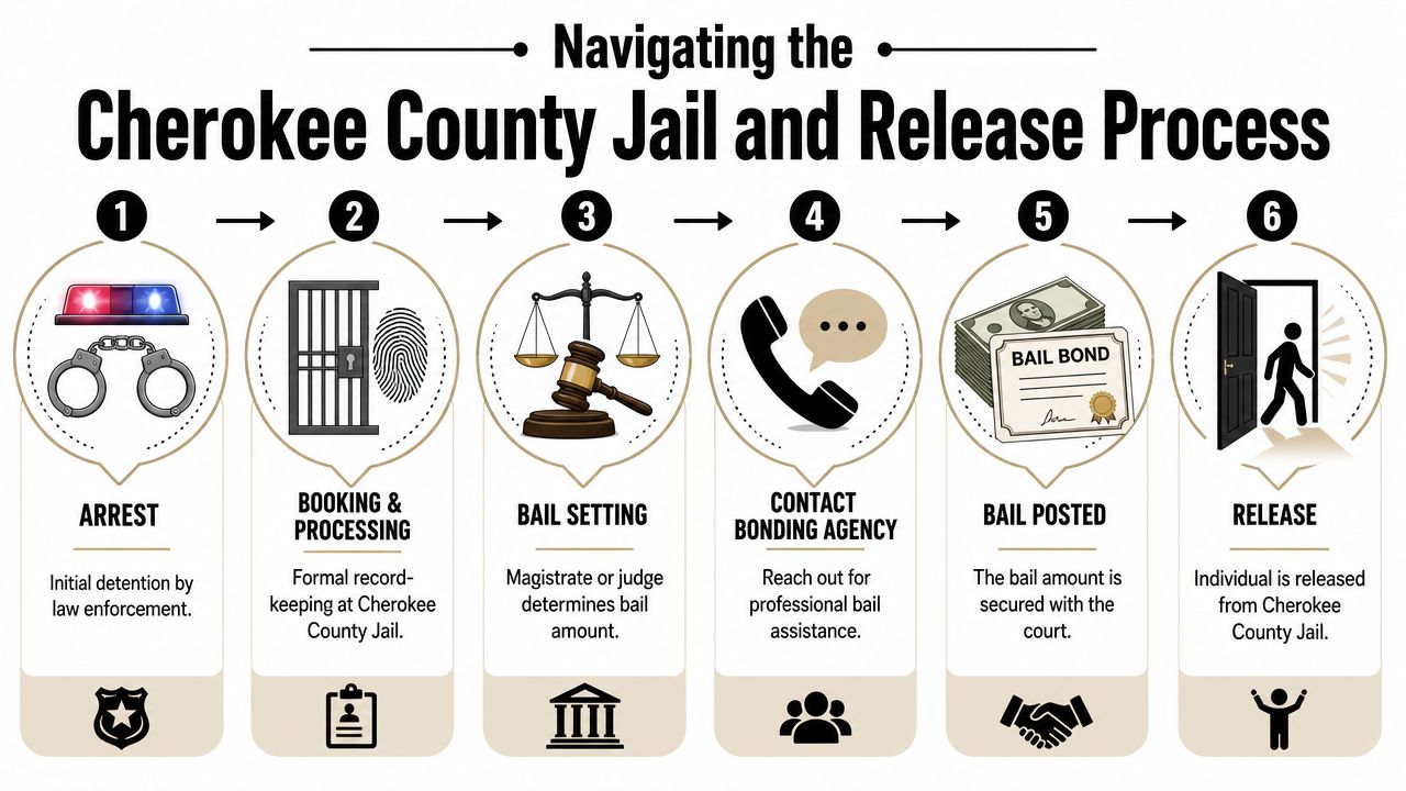 A six-step infographic explaining the Cherokee County jail and release process from arrest to release.
