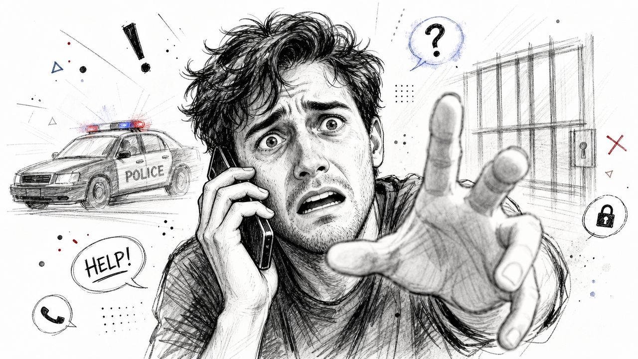 A distressed man on a phone call with a police car and jail bars in the background.