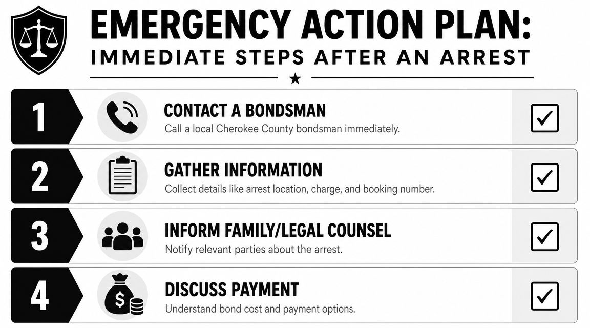 An infographic titled Emergency Action Plan listing four immediate steps to take after an arrest occurs.