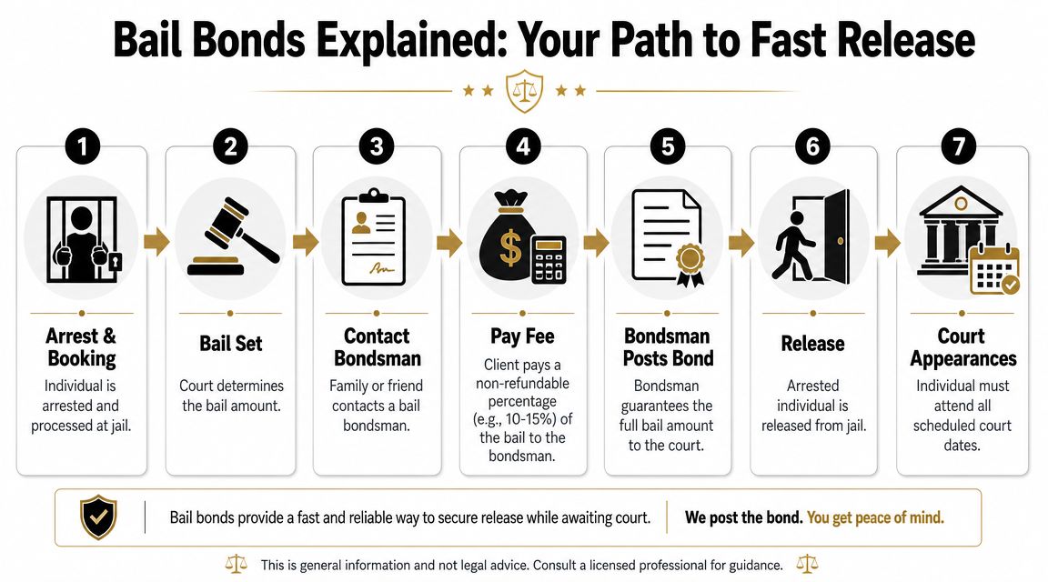 An infographic illustrating the seven-step bail bond process from initial arrest to final court appearances.
