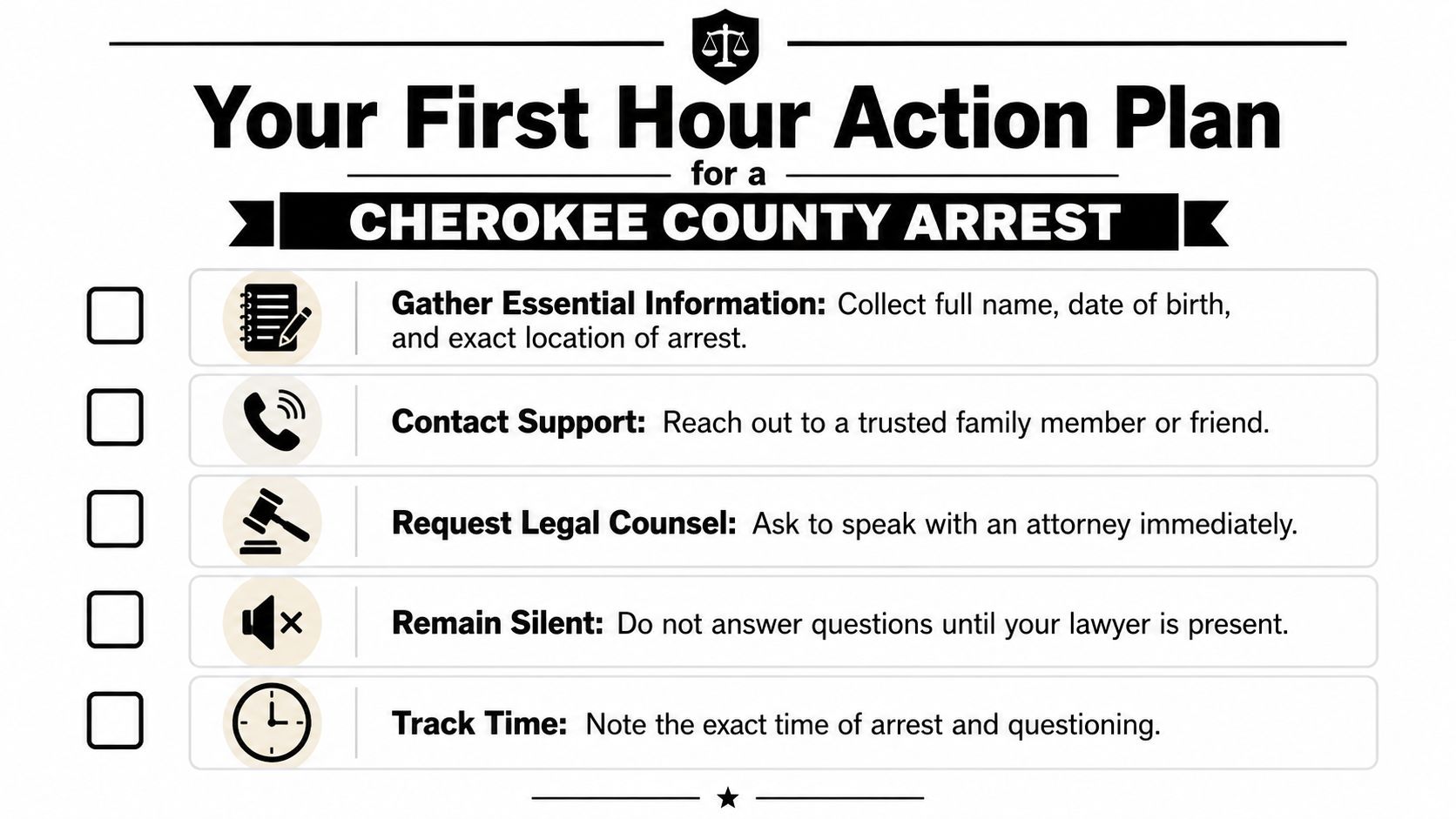 A checklist titled Your First Hour Action Plan for a Cherokee County Arrest, outlining legal safety steps.