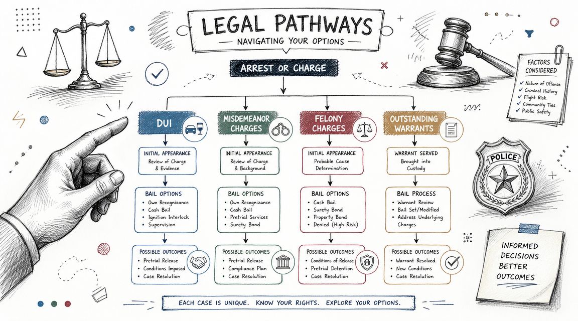 A flowchart infographic titled Legal Pathways outlining the arrest and bail process for various legal charge categories.