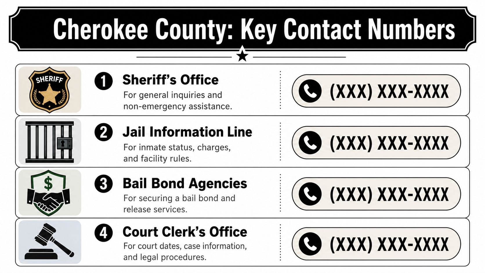A list of key contact numbers for Cherokee County, including the Sheriff, jail, bail bonds, and court.