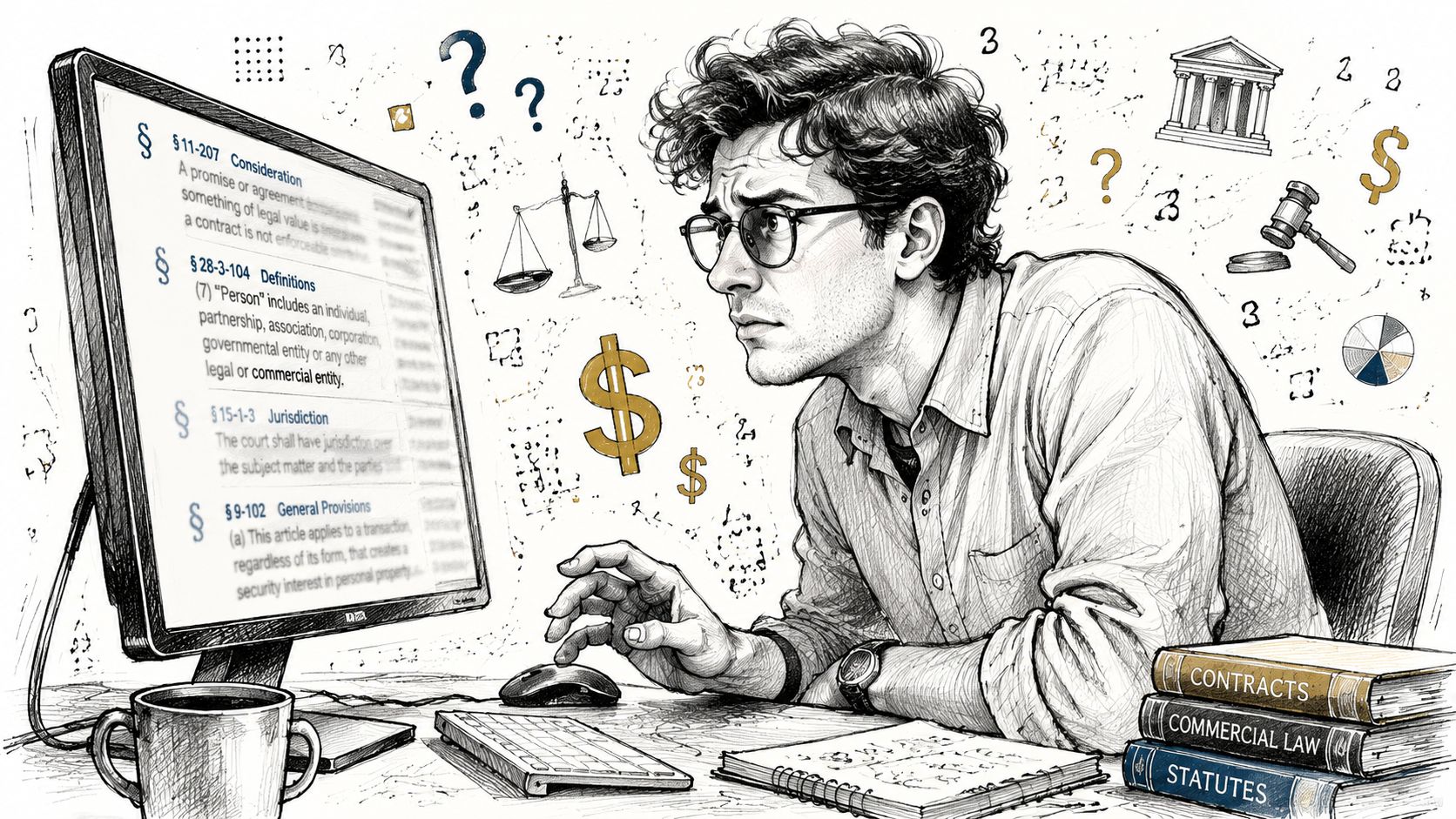 A focused man researching legal statutes and commercial law on his computer at a desk.