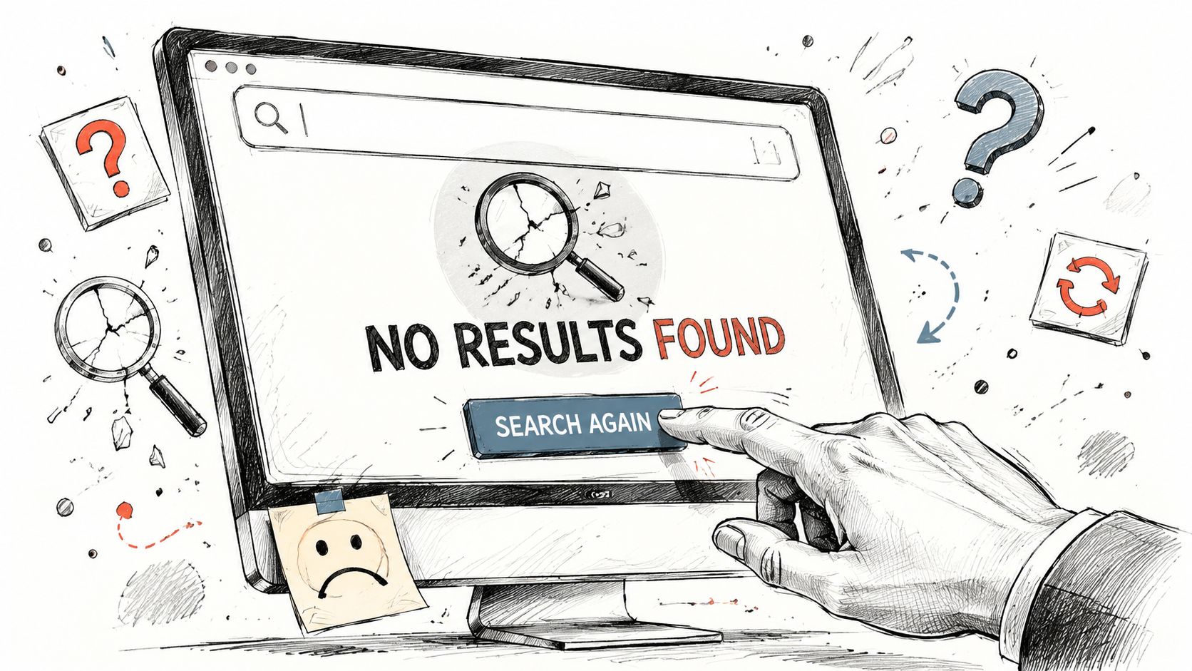 A digital illustration showing a computer screen displaying no results found with a hand clicking search again.