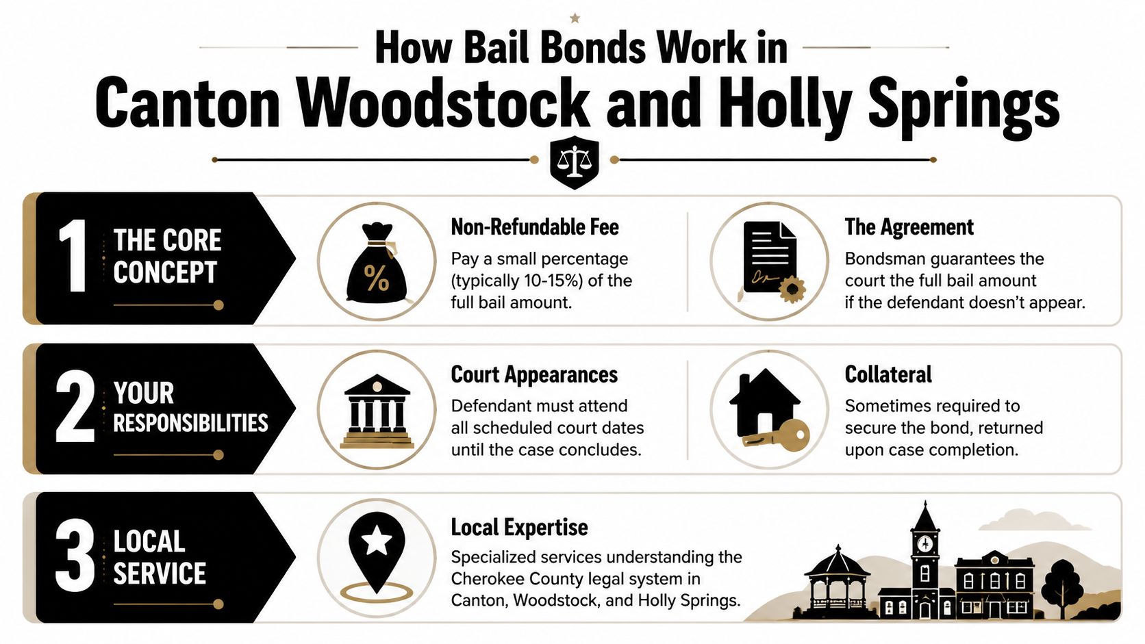 An infographic explaining how bail bond services function in Canton, Woodstock, and Holly Springs, Cherokee County.