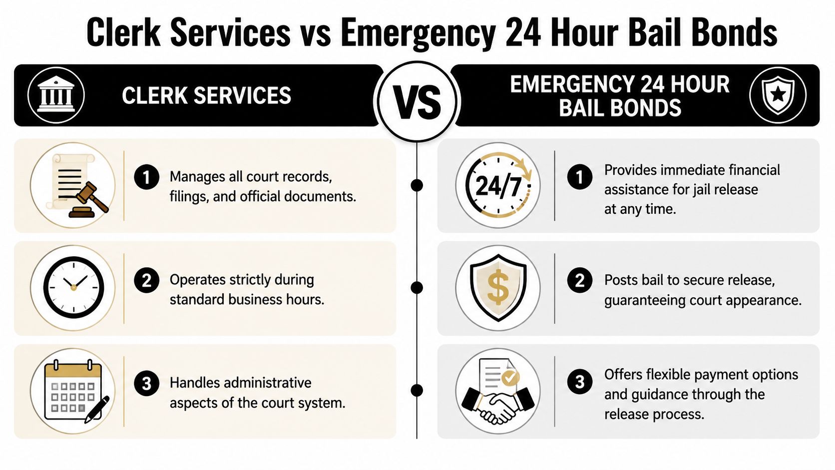 A comparison chart showing differences between official clerk services and emergency 24 hour bail bond services.