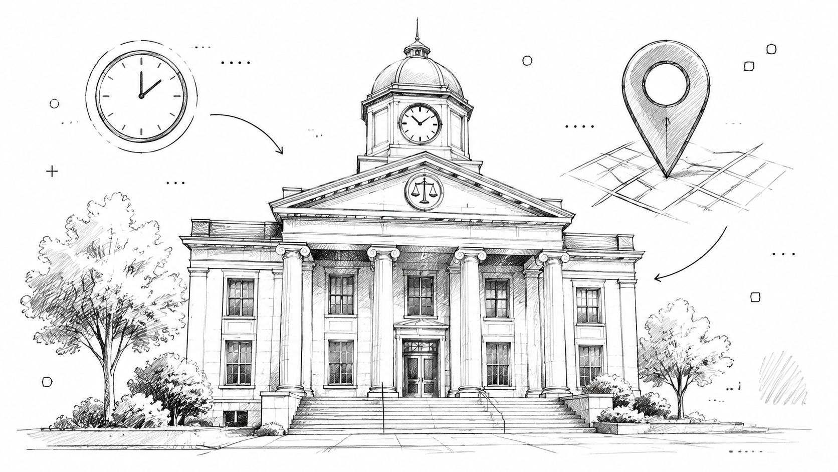 A black and white sketch of a courthouse building with icons of a clock and a map pin.