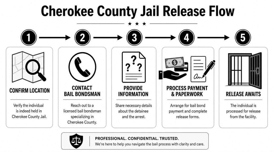 A flow chart illustrating the five-step process for securing a jail release in Cherokee County.