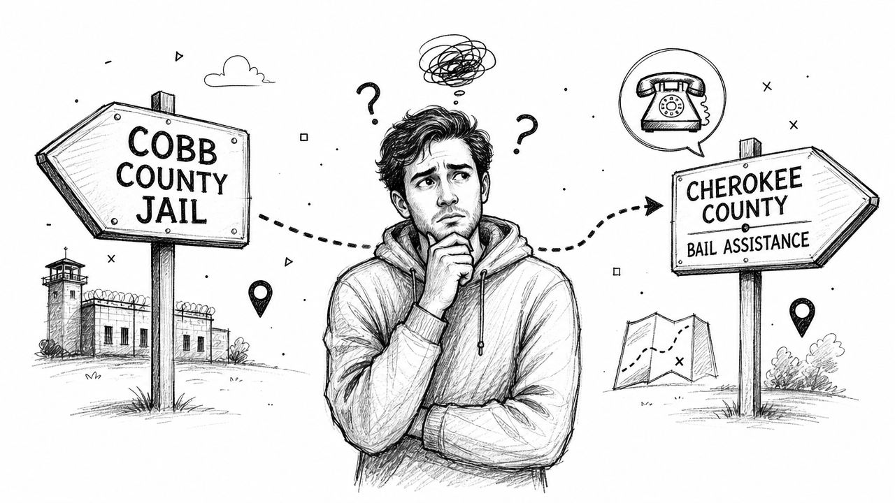 A sketched illustration of a thoughtful man standing between signs for Cobb County Jail and Cherokee County Bail Assistance.