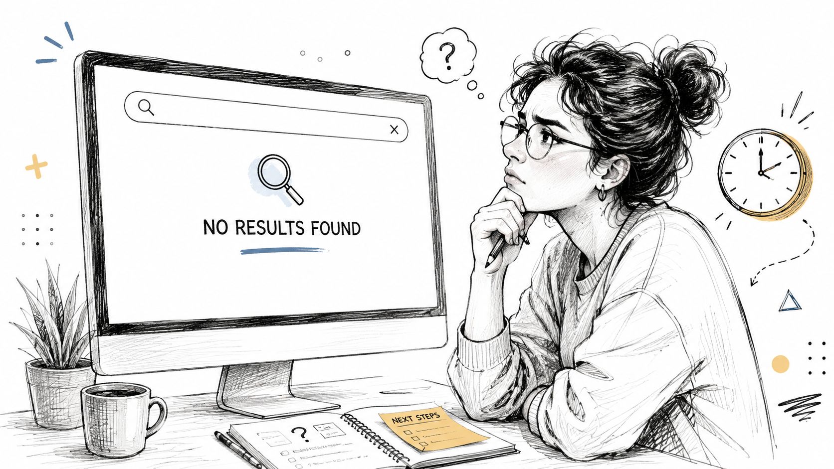 A woman looks puzzled at a computer screen showing a no results found search error.