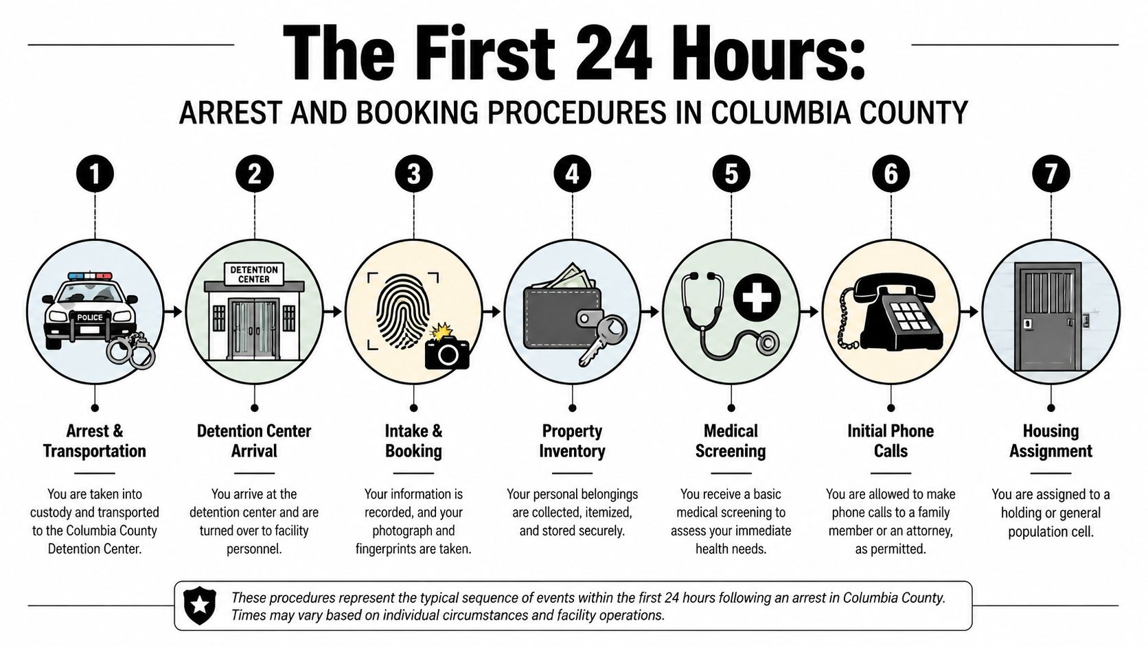 A flowchart infographic illustrating the seven-step arrest and booking procedure at the Columbia County Detention Center.
