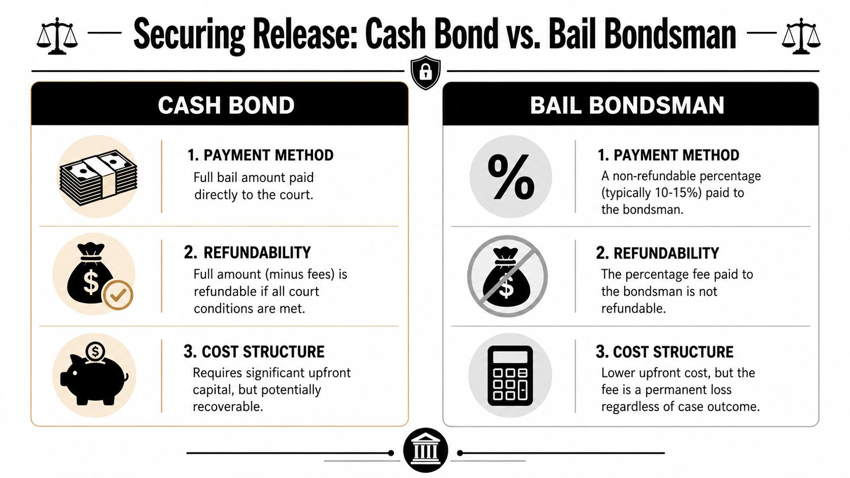 A comparison chart explaining the differences between paying a cash bond and using a bail bondsman.