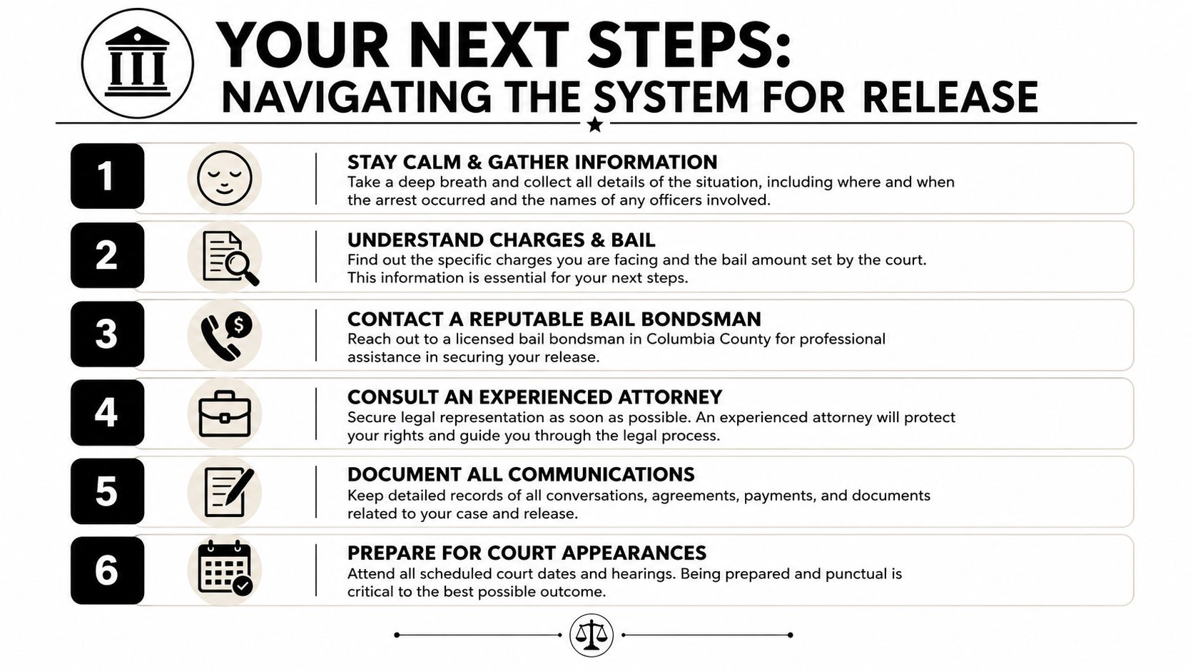 A six-step guide infographic for navigating the legal system and bail process in Columbia County.