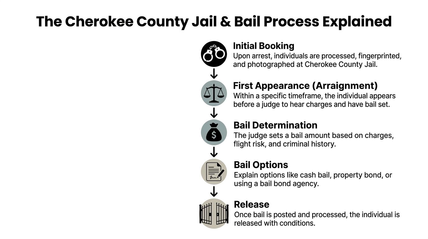 A flowchart detailing the five-step process of booking, arraignment, bail determination, bail options, and release from jail.