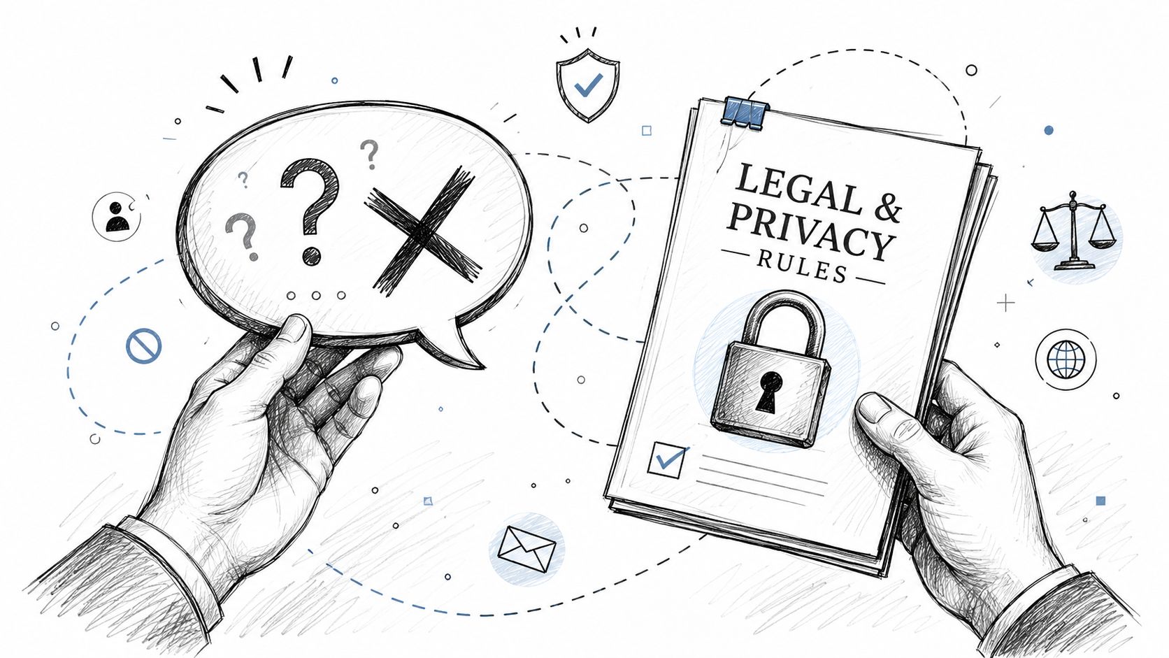 A hand holds a speech bubble with question marks and an X, while another holds a document about privacy.
