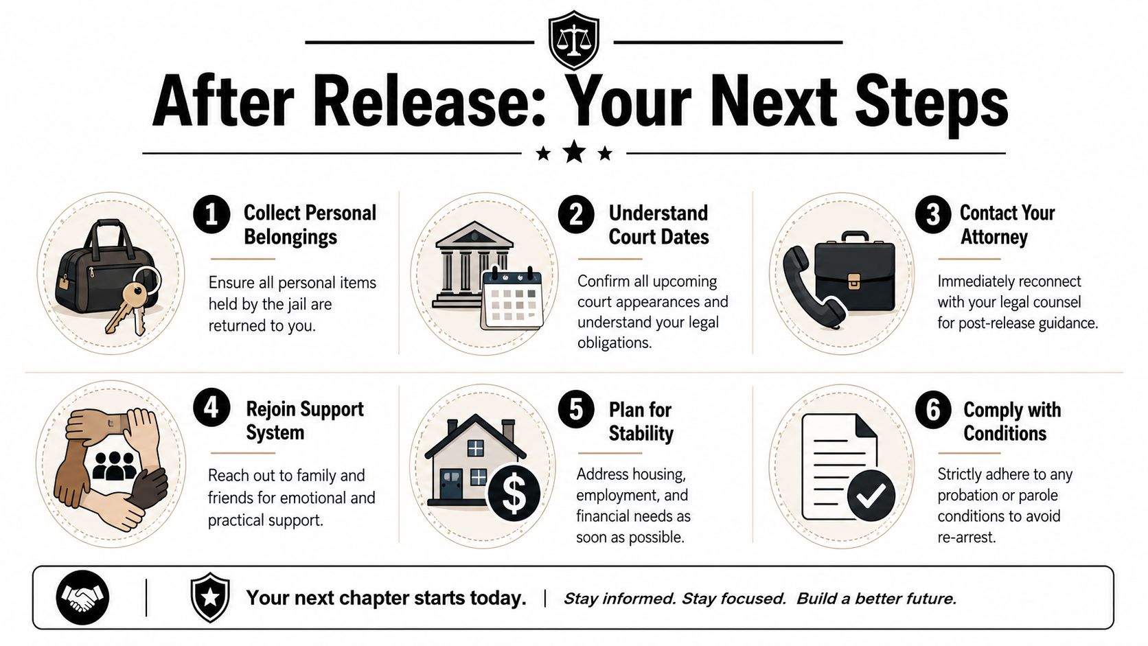 An infographic titled After Release: Your Next Steps, outlining six essential tasks for individuals leaving jail.