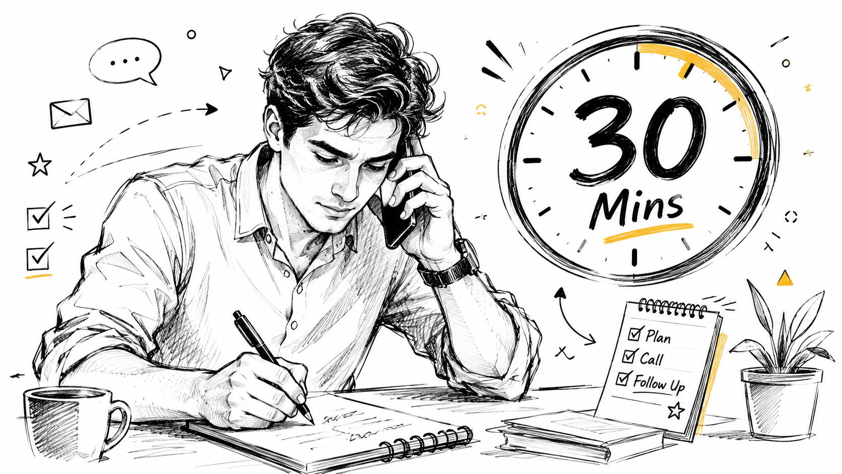 A professional man taking notes while on a phone call with a 30-minute timer graphic nearby.