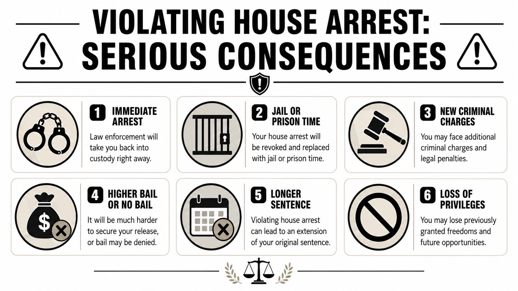 An infographic detailing the six serious legal consequences of violating house arrest, including arrest and jail time.