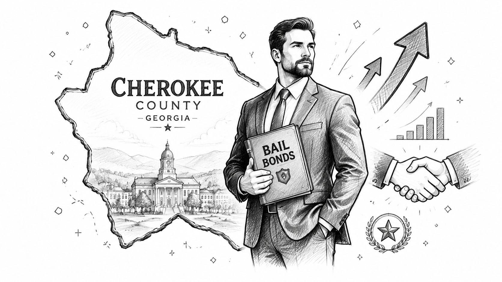 A professional bail bondsman in a suit holding a book in front of Cherokee County, Georgia, courthouse.