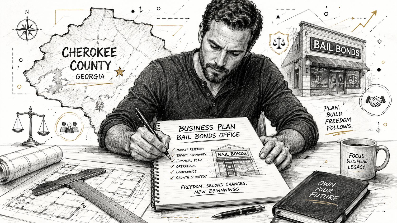 A professional man drafting a business plan to open a bail bonds office in Cherokee County, Georgia.