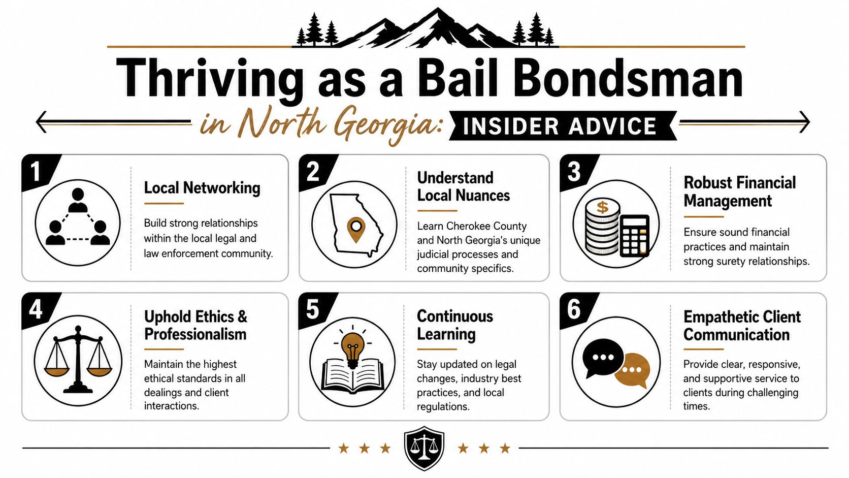 An infographic titled Thriving as a Bail Bondsman in North Georgia featuring six professional success tips.