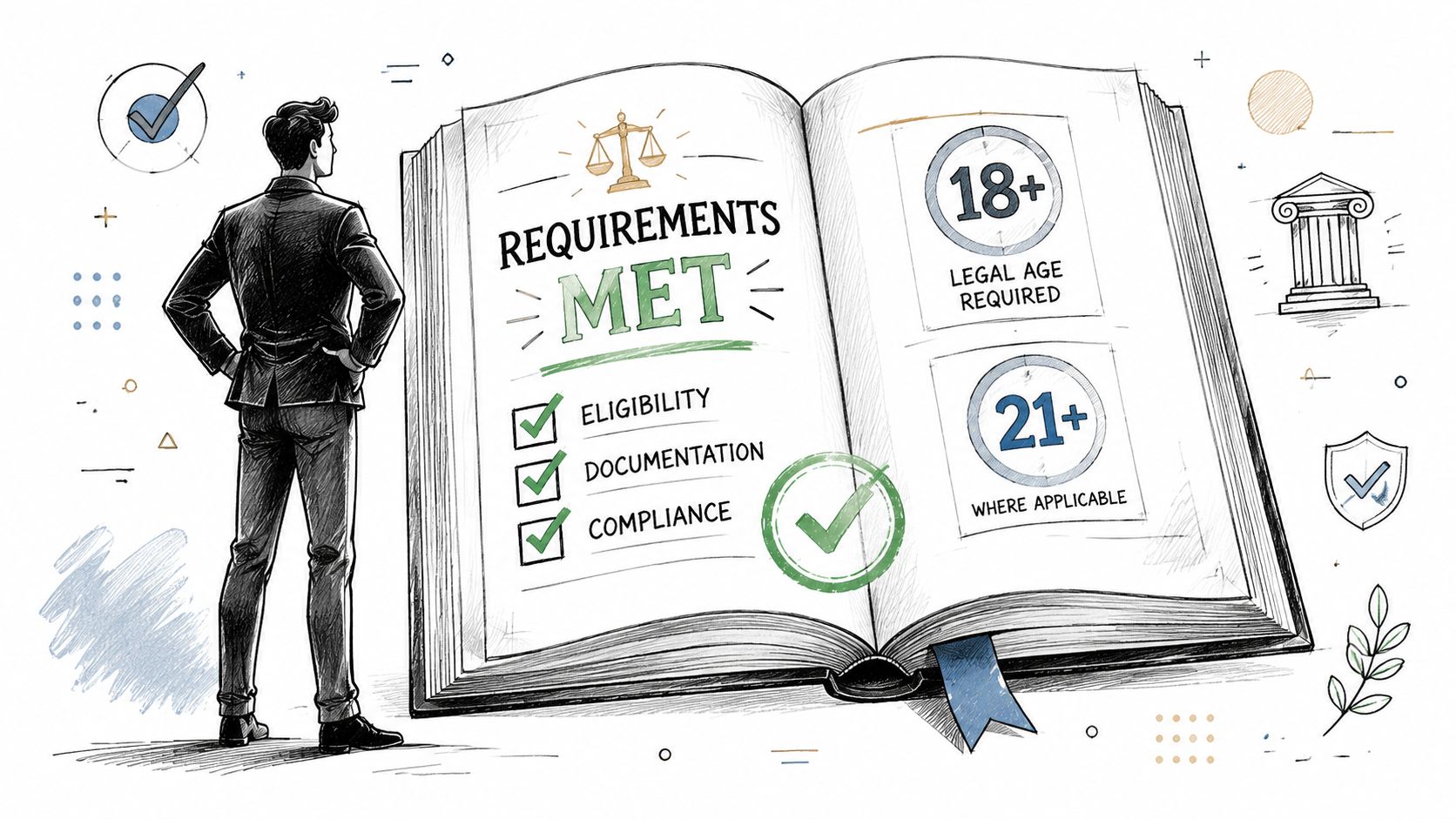 A professional man standing before an open book showing requirements met for legal eligibility and compliance.