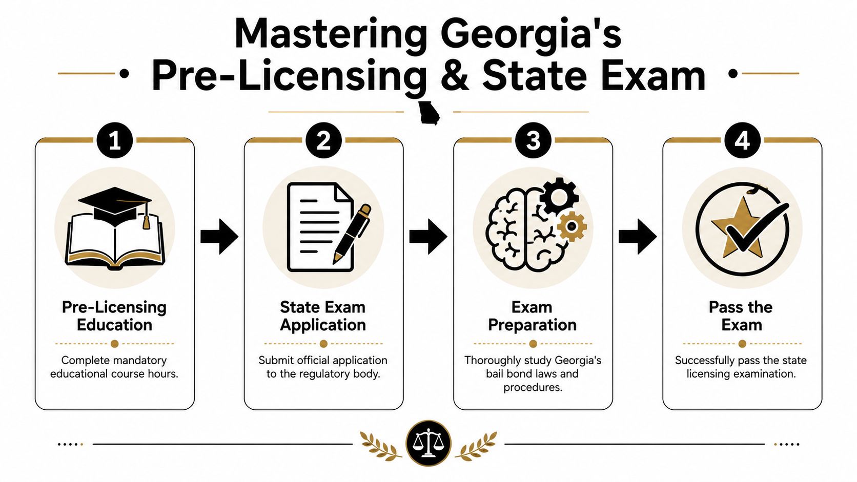 A four-step infographic illustrating the process for becoming a licensed bail bondsman in the state of Georgia.