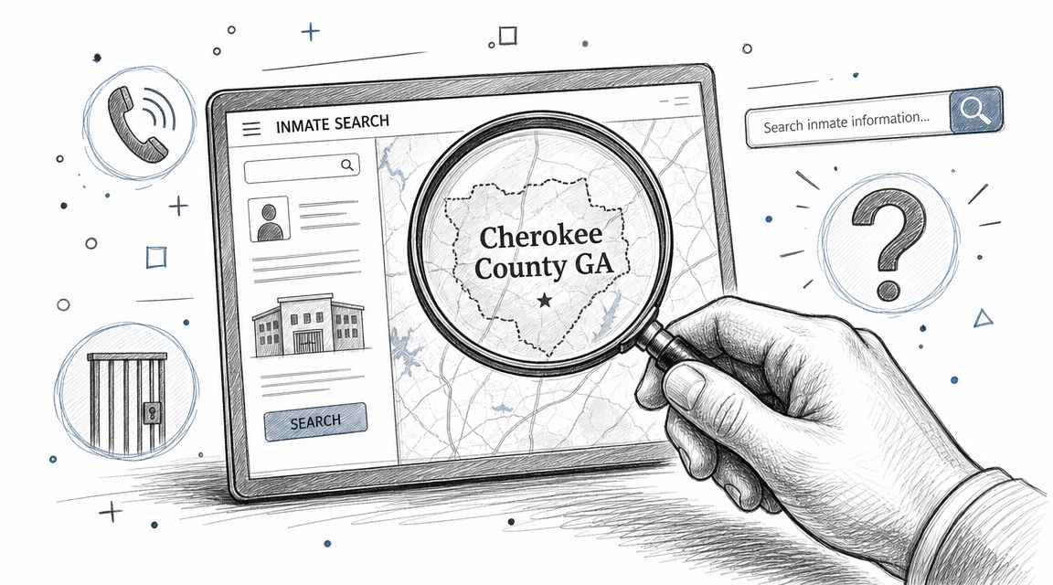 A hand holds a magnifying glass over a digital tablet displaying an inmate search interface for Cherokee County.