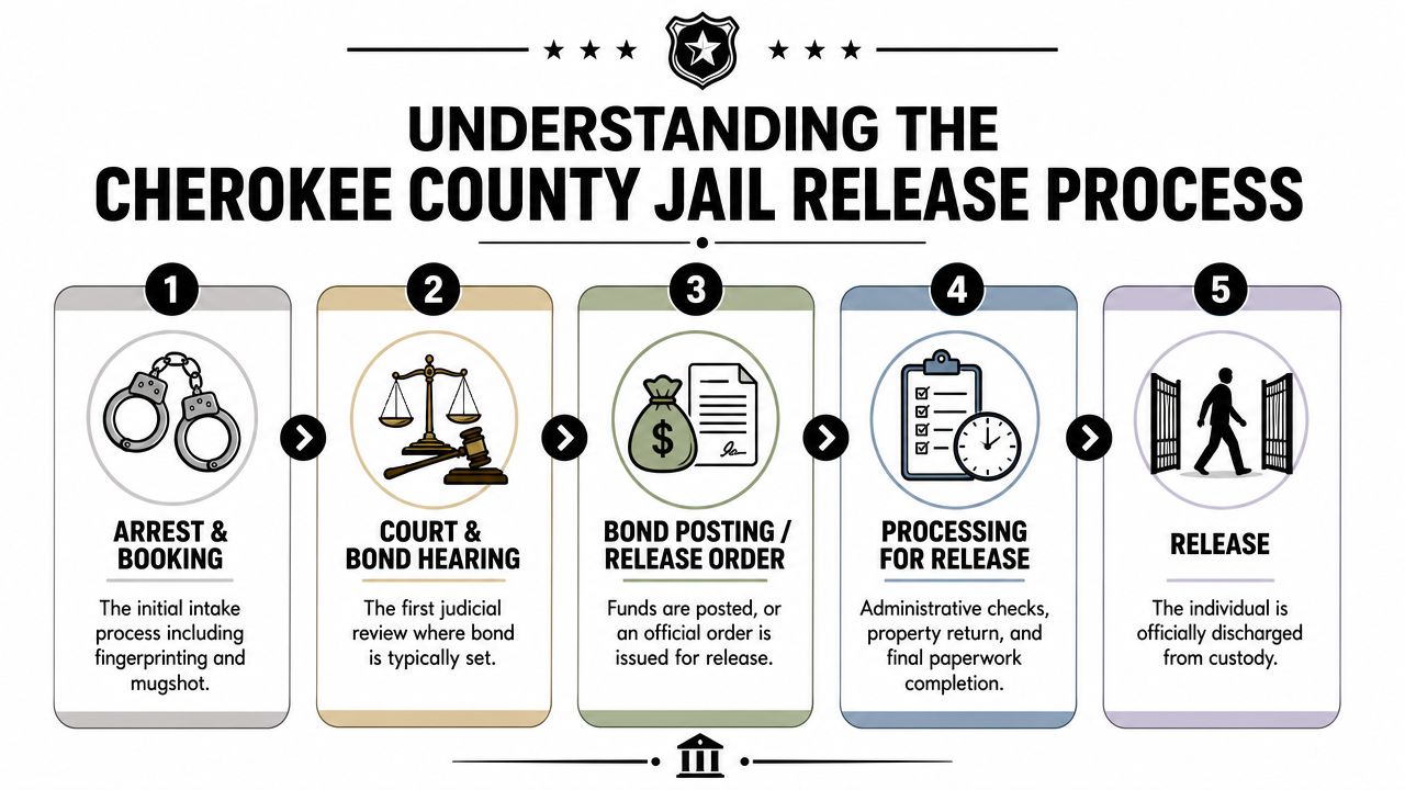 A five-step infographic explaining the Cherokee County jail release process from arrest through final discharge from custody.