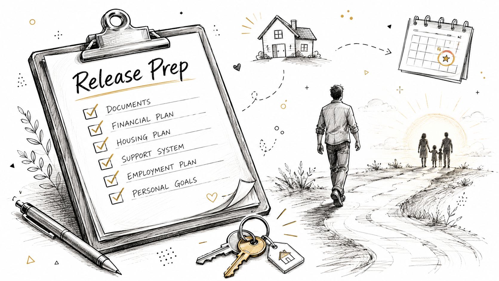 A checklist titled Release Prep featuring housing, employment, and family goals for successful reintegration and planning.