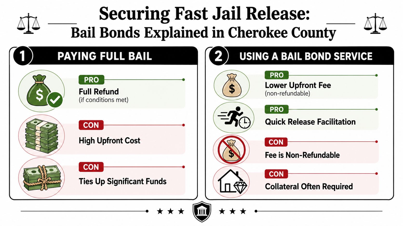A comparison infographic detailing the pros and cons of paying full bail versus using a bail bond service.