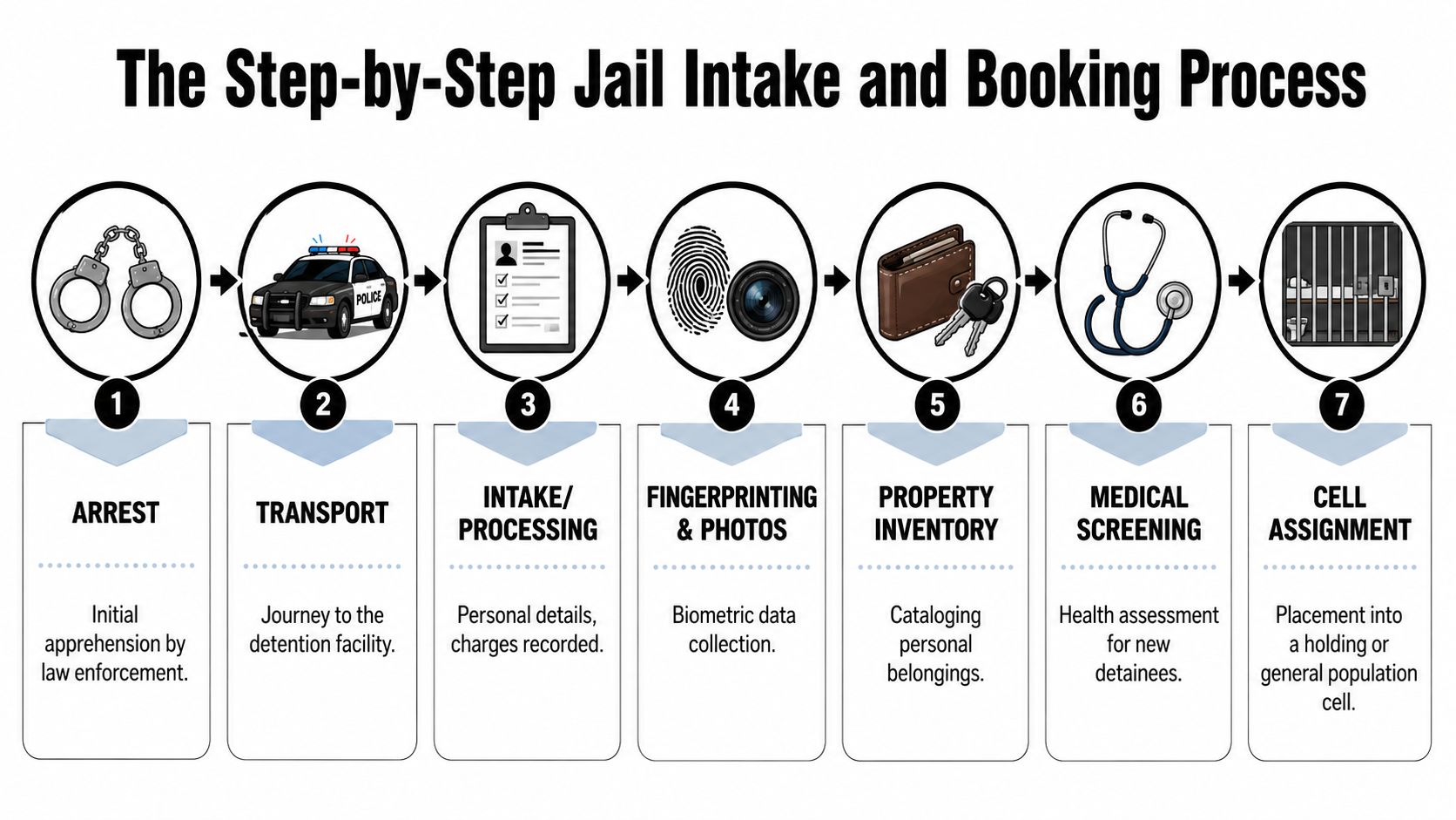 A seven-step flowchart infographic illustrating the standard jail intake and booking process from arrest to cell assignment.