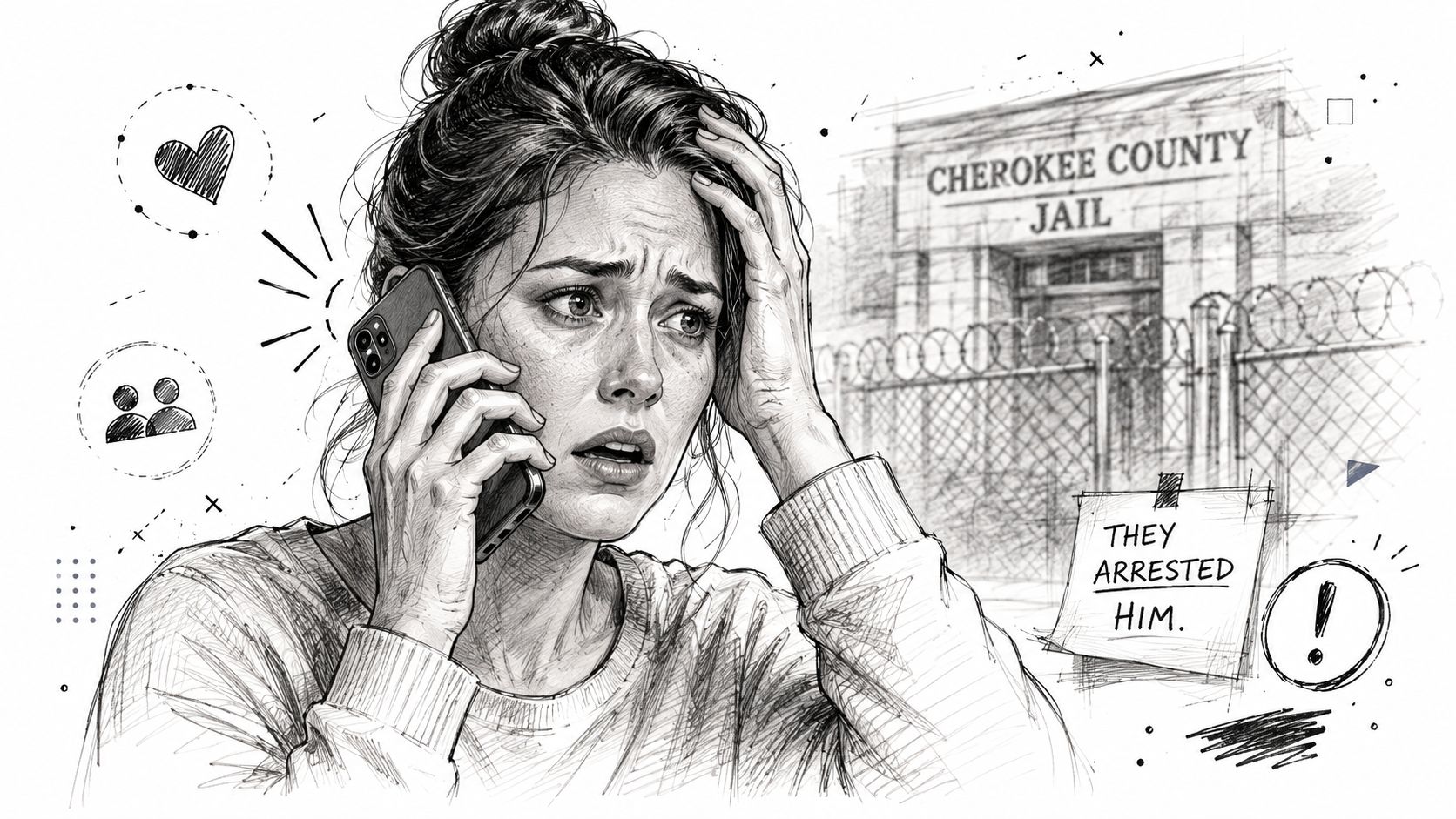 A distressed woman holding her head while speaking on the phone in front of a jail building.