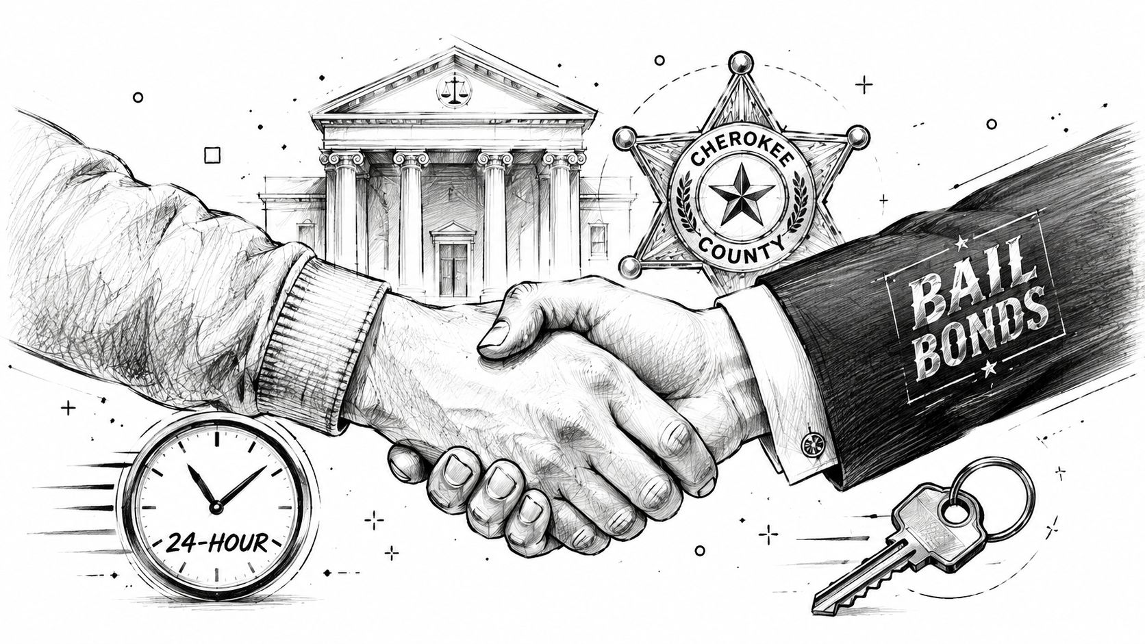 A pencil sketch illustration of two hands shaking, symbolizing a bail bonds agreement with a courthouse and badge.