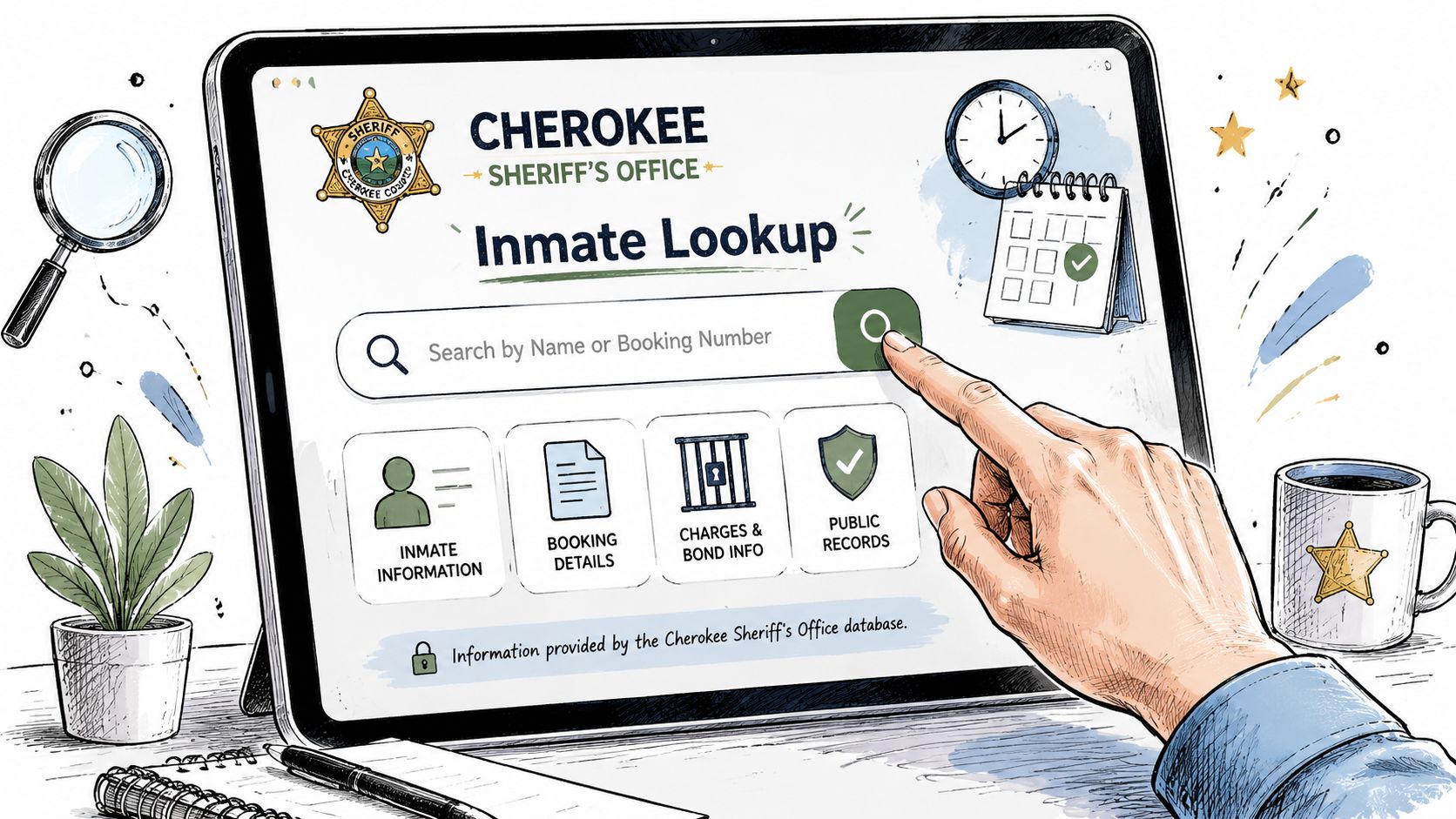 A digital tablet displaying the Cherokee Sheriff's Office inmate lookup website with a hand interacting with the screen.