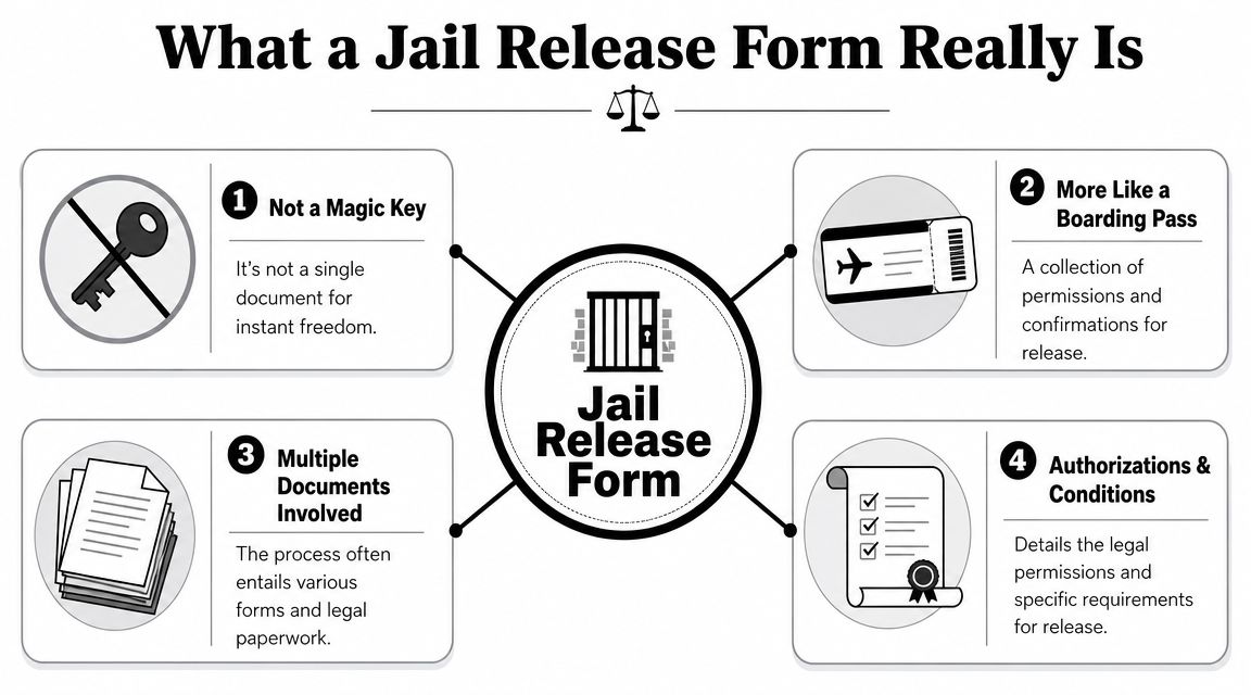 An infographic explaining that a jail release form consists of multiple documents and legal conditions for release.
