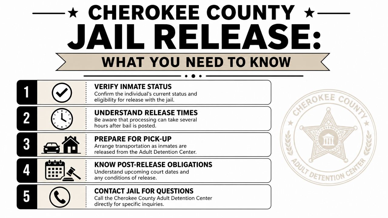 An infographic detailing the five essential steps for Cherokee County jail release procedures and inmate pick-up.