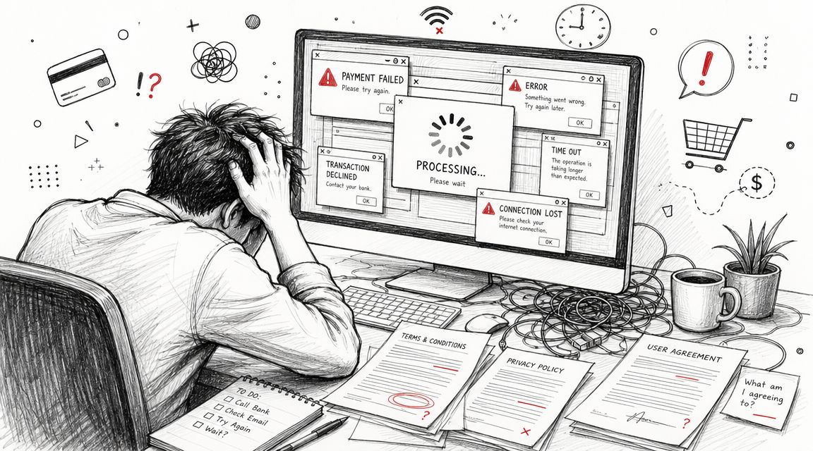 Stressed person sitting at a desk with a computer showing multiple failed online transaction error messages.