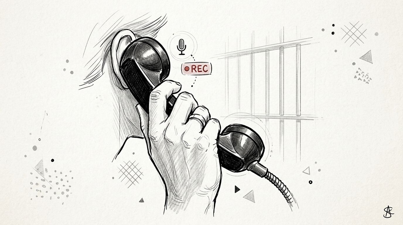 A pencil sketch of a hand holding a telephone handset with a recording icon in a prison setting.