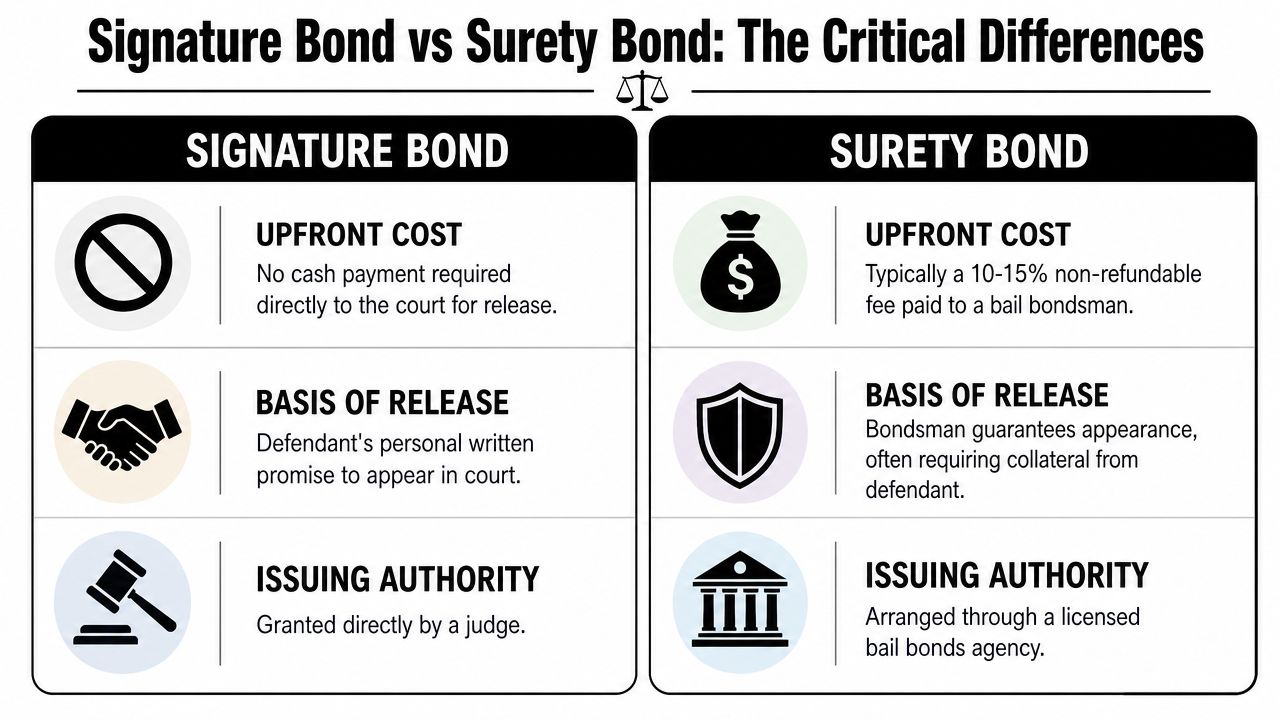 A comparison chart outlining the key differences between signature bonds and surety bonds for court release.