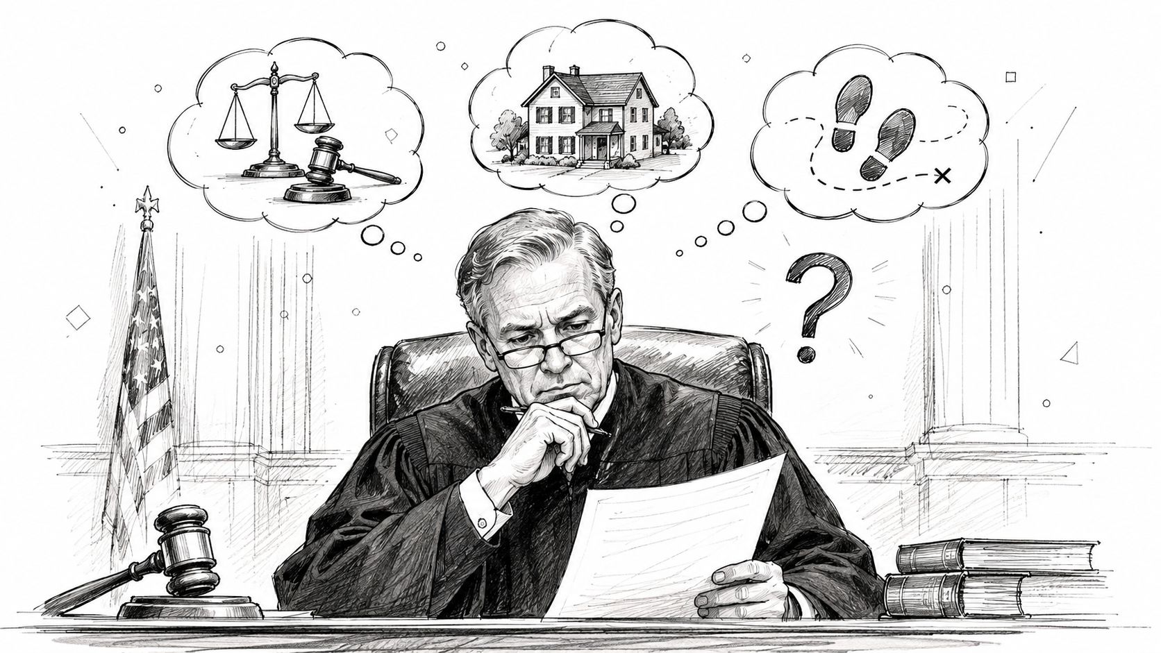 A thoughtful judge reviewing legal documents with icons of justice, a house, and a trail of footprints.